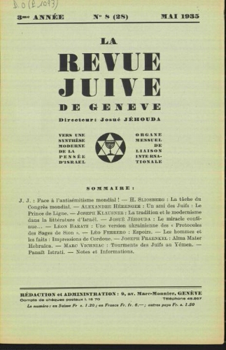 La Revue Juive de Genève. Vol. 3 n° 8 fasc. 28 (mai 1935)
